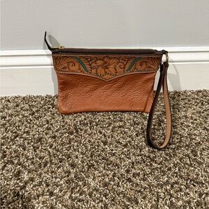 Chic Brown Leather Wristlet with Floral Design